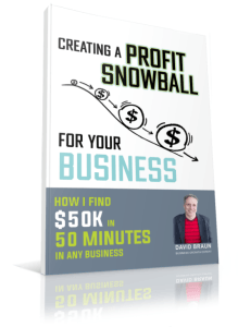 Photo shows David Braun's book. It shows the cover and says "Creating a Profit Snowball for Your Business. How I find $50K in 50 Minutes in Any Business."