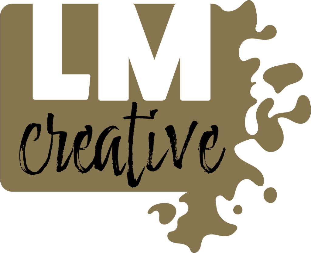 Photo shows LM Creative's logo. The logo says "LM Creative" on a gold, rectangle background with the right side turning into paint splatters.