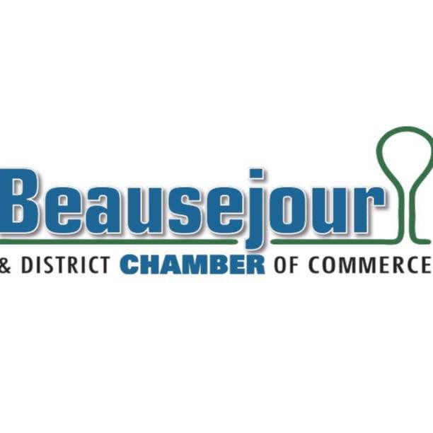 Photo shows the Beausejour & District Chamber of Commerce logo. The logo says "Beausejour & District Chamber of commerce," with a water tower on the right hand side and the words Beausejour and Chamber in a blue font color.
