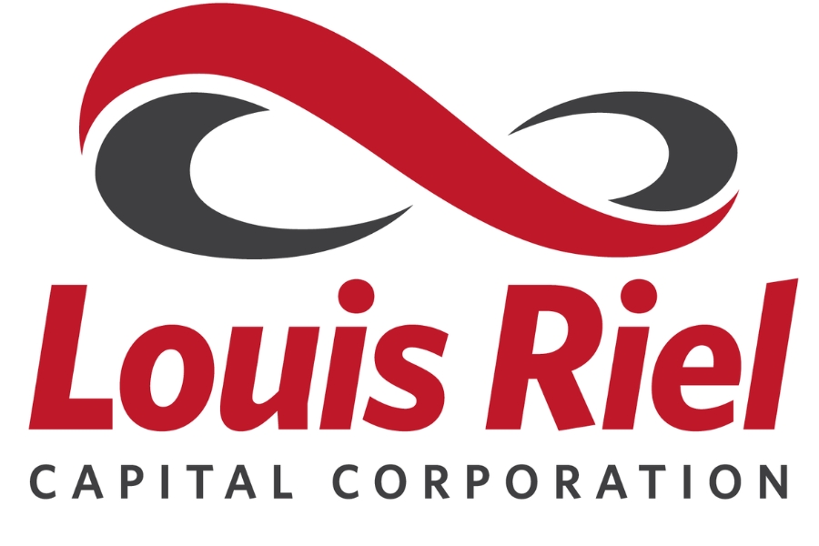 Photo shows Louis Riel Capital Corporation logo. The logo features an infinity symbol in black and red. the words "Louis Riel" are in red, the words "Capital Corporation" are in black.