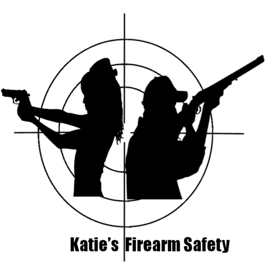 Icon logo for Katie's Firearm Safety. Logo features a silhouetted man and woman holding firearms with a target crosshair behind them. Below it states "Katie's Firearm Safety."